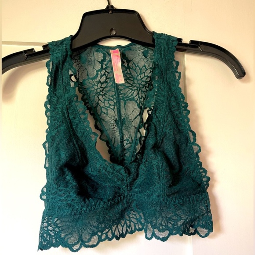 Victoria’s Secret PINK dark green pretty floral lace t-strap bralette, size s
